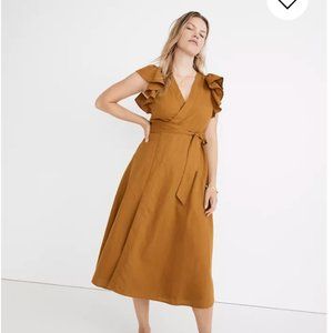 NWT Madewell Linen-Blend Ruffle-Sleeve Wrap Midi Dress (xx-s)